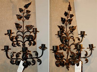 Lot 554 - Pair of Leaf Decorated Wrought Iron Five-Light...