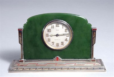 Lot 2219 - Art Deco Sterling Silver and Jade Desk Clock...