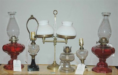 Lot 299 - Miscellaneous Group of Five Glass Oil Lamps;...