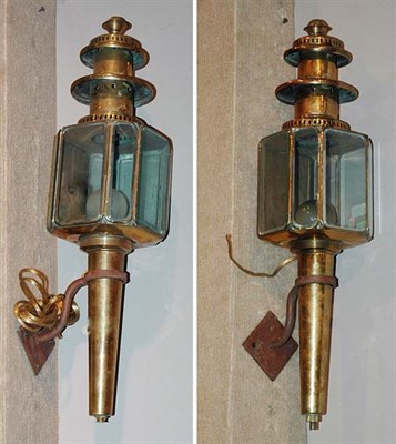 Lot 315 - Pair of Georgian Style Brass Carriage Lamps