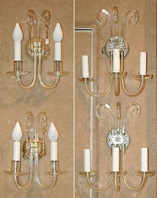 Lot 405 - Pair of Glass Three-Light Sconces; Together...