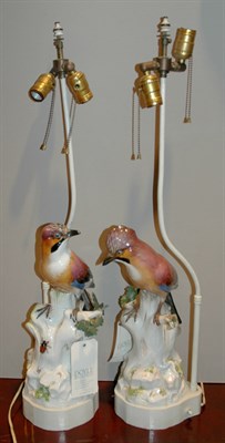 Lot 405 - Pair of Bird Decorated Ceramic Two-Light Lamps...