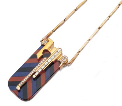 Lot 3512 - Gold, Carnelian, Lapis, Black Onyx and Diamond Pendant Necklace
