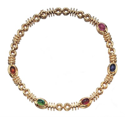 Lot 3451 - Gold and Cabochon Colored Stone Necklace
