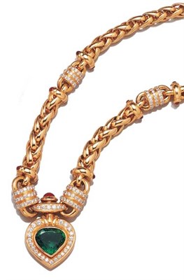 Lot 3493 - Gold, Emerald, Ruby and Diamond Pendant Necklace