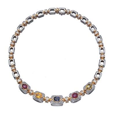 Lot 3530 - Two-Color Gold, Multicolored Sapphire and Diamond Necklace