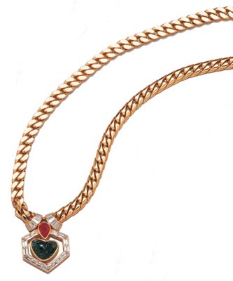 Lot 3494 - Gold, Carved Emerald, Cabochon Ruby and Diamond Pendant Necklace