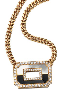 Lot 3464 - Gold, Diamond, Mother-of-Pearl and Black Onyx Pendant Necklace
