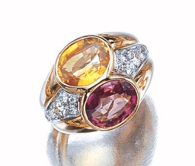 Lot 3470 - Gold, Pink and Yellow Sapphire and Diamond Ring