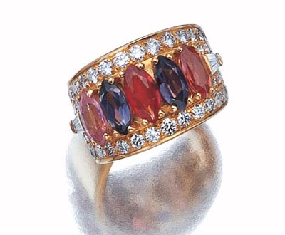 Lot 3468 - Gold, Multicolored Sapphire and Diamond Band Ring