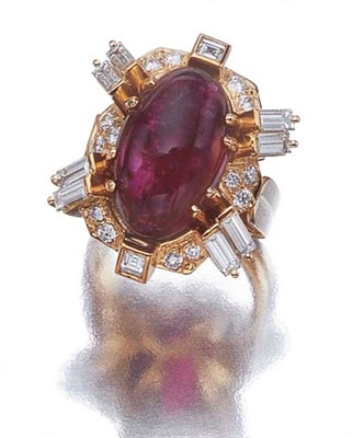 Lot 3415 - Gold, Cabochon Pink Tourmaline and Diamond Ring