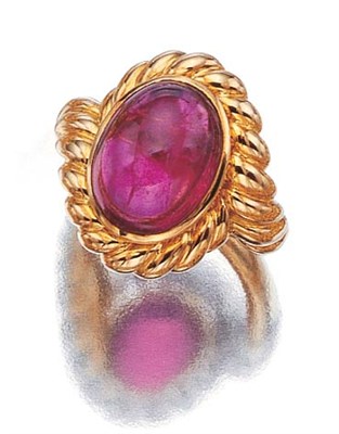 Lot 3423 - Gold and Cabochon Pink Tourmaline Ring
