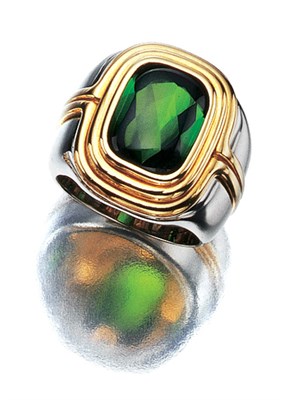 Lot 3467 - Two-Color Gold and Cabochon Tourmaline Ring