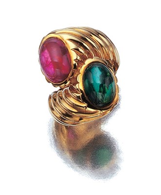 Lot 3448 - Gold, Cabochon Tourmaline and Rubellite Crossover Ring