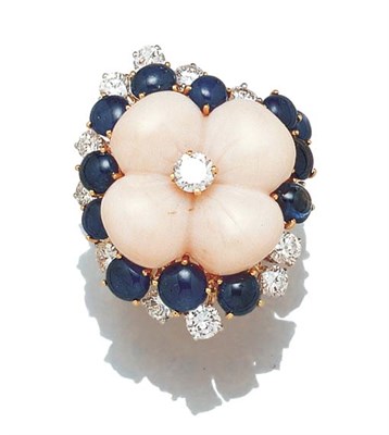 Lot 3446 - Gold, Coral, Cabochon Sapphire and Diamond Flower Ring