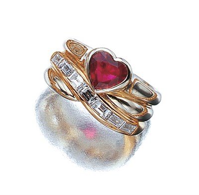Lot 3486 - Two-Color Gold, Ruby and Diamond Ring