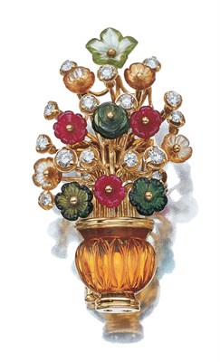 Lot 3496 - Gold, Carved Colored Stone and Diamond Bouquet Clip Brooch