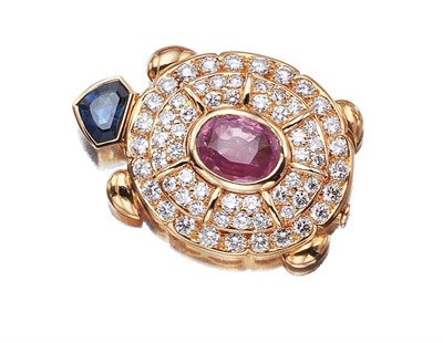Lot 3419 - Pink Sapphire, Sapphire and Diamond Turtle Clip Brooch