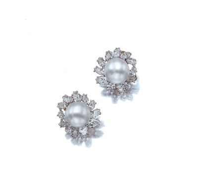 Lot 3532 - Pair of Cultured Pearl and Diamond Earclips