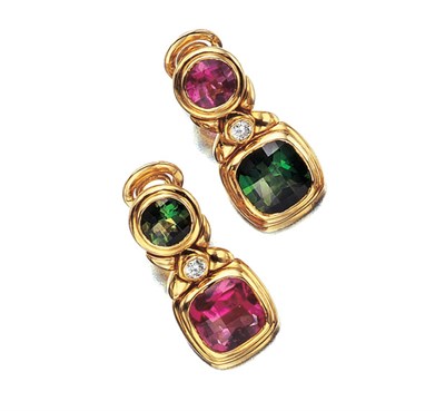 Lot 3454 - Pair of Gold, Tourmaline, Pink Tourmaline and Diamond Pendant Earclips