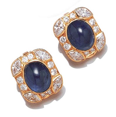 Lot 3489 - Pair of Gold, Cabochon Sapphire and Diamond Earclips