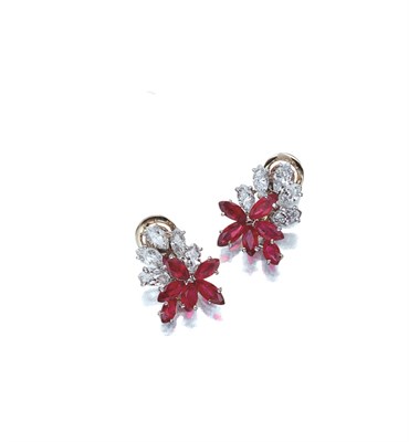 Lot 3534 - Pair of Ruby and Diamond Cluster Earclips