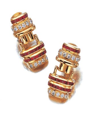 Lot 3432 - Pair of Gold, Ruby and Diamond Pendant Earclips