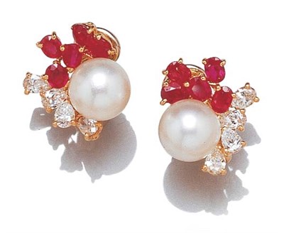 Lot 3488 - Pair of Cultured Pearl, Ruby and Diamond Earclips