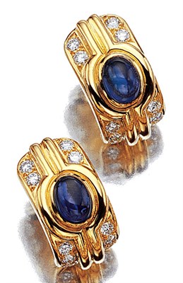 Lot 3490 - Pair of Gold, Cabochon Sapphire and Diamond Earclips