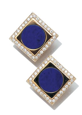 Lot 3445 - Pair of Gold, Lapis and Diamond Earclips