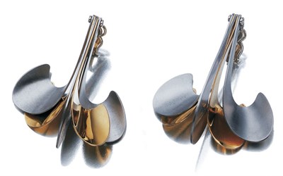 Lot 3551 - Pair of Gold and Steel Pendant Earclips