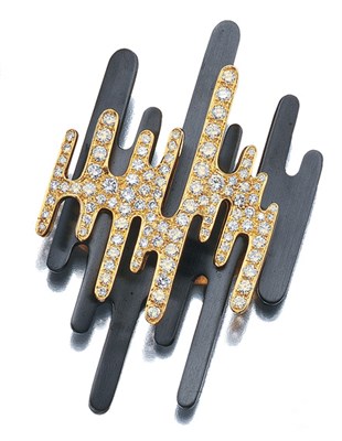 Lot 3548 - Gold, Anodized Steel and Diamond Pendant Brooch