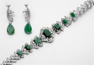 Lot 521 - Emerald and Diamond Bracelet and Pair of Pendant-Earrings