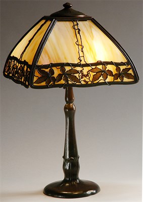 Lot 2359 - Handel Patinated-Metal Overlay and Slag Glass...