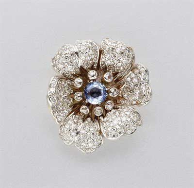 Lot 3280 - Diamond and Sapphire Flower Clip Brooch