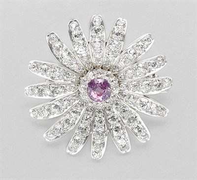 Lot 3286 - Pink Sapphire and Diamond Flower Pendant Brooch
