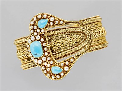 Lot 3193 - Gold, Turquoise and Split Pearl Cuff Bangle