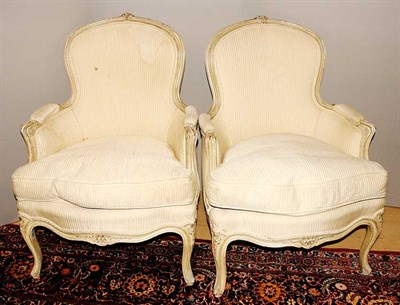 Lot 2529 - Pair of Louis XV Style Carved Painted Bergeres...