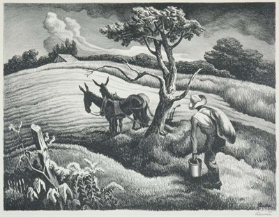 Lot 3092 - Thomas Hart BentonAPPROACHING STORM (F. 25)Lithograph, 1938, signed in pencil, on Rives, edition of 200, published by the Print Club of Cleveland, pale lightstain, a few pieces of old linen and pap...