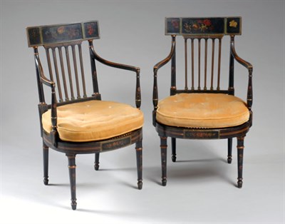 Lot 2495 - Pair of Regency Floral Decorated Black Painted...