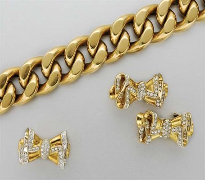 Lot 3111 - Gold Bracelet and Pair of Diamond Bow Earrings and Ring