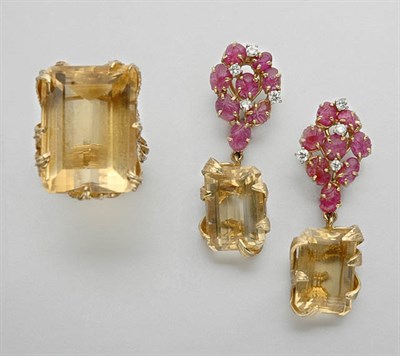 Lot 401 - Citrine Ring and Pair of Citrine, Carved Ruby and Diamond Pendant-Earrings