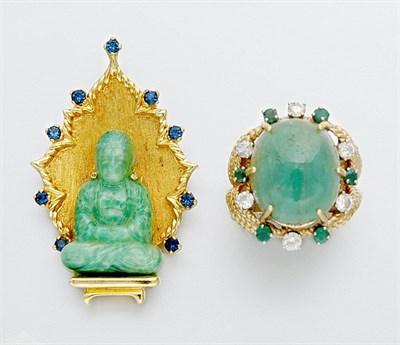 Lot 718 - Cabochon Emerald and Diamond Ring and Costume Buddha Brooch
