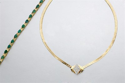 Lot 781 - Emerald and Diamond Bracelet and Gold and Diamond Necklace