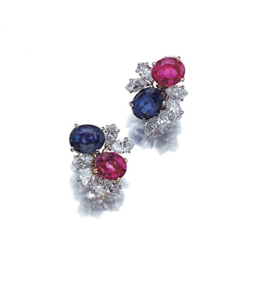 Lot 3529 - Pair of Sapphire, Pink Sapphire and Diamond Cluster Earclips
