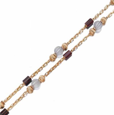 Lot 3514 - Gold, Frosted Rock Crystal, Carnelian, Black Onyx and Lapis Bead Chain Necklace