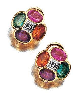 Lot 3456 - Pair of Gold, Gem-Set and Diamond Earclips