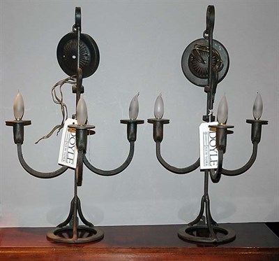 Lot 188 - Set of Four Iron Three-Light Sconces Height 23...