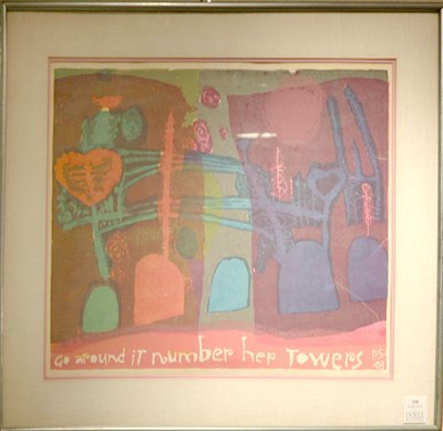 Lot 150 - Sister Mary Corita TOWERS Color woodcut,...