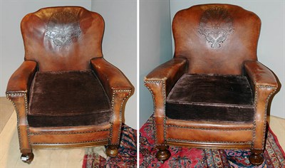 Lot 381 - Pair of Victorian Style Embossed Leather Club...